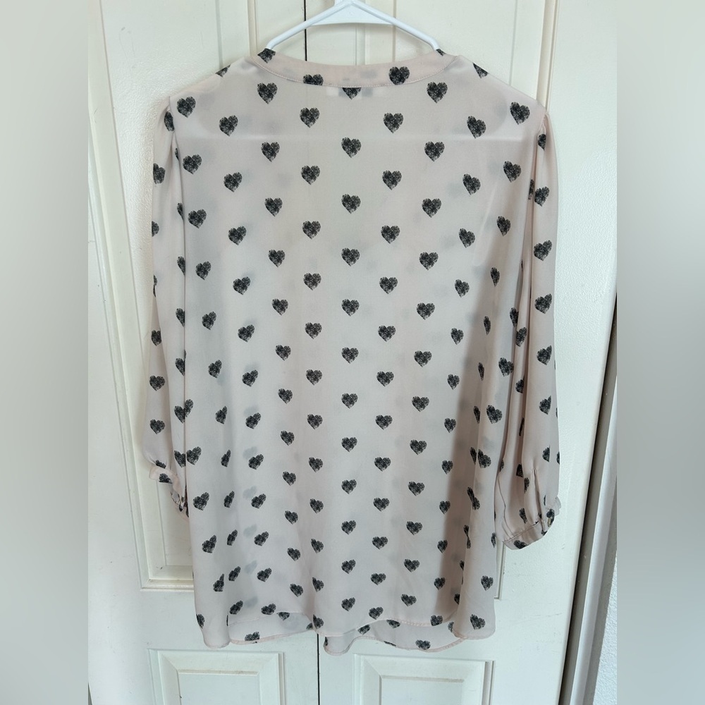 Rose & Olive Sheer Pastel Pink Blouse Top with Black Heart Print 3/4 Sleeves 1X - Picture 4 of 8
